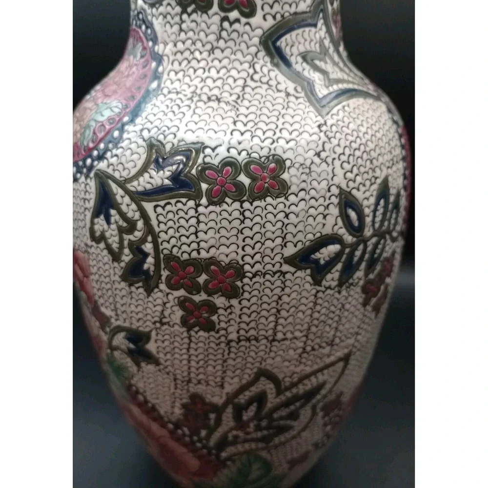 Vintage Tall Textured Porcelain Chinese Vase Hand Painted Raised Flowers 12in